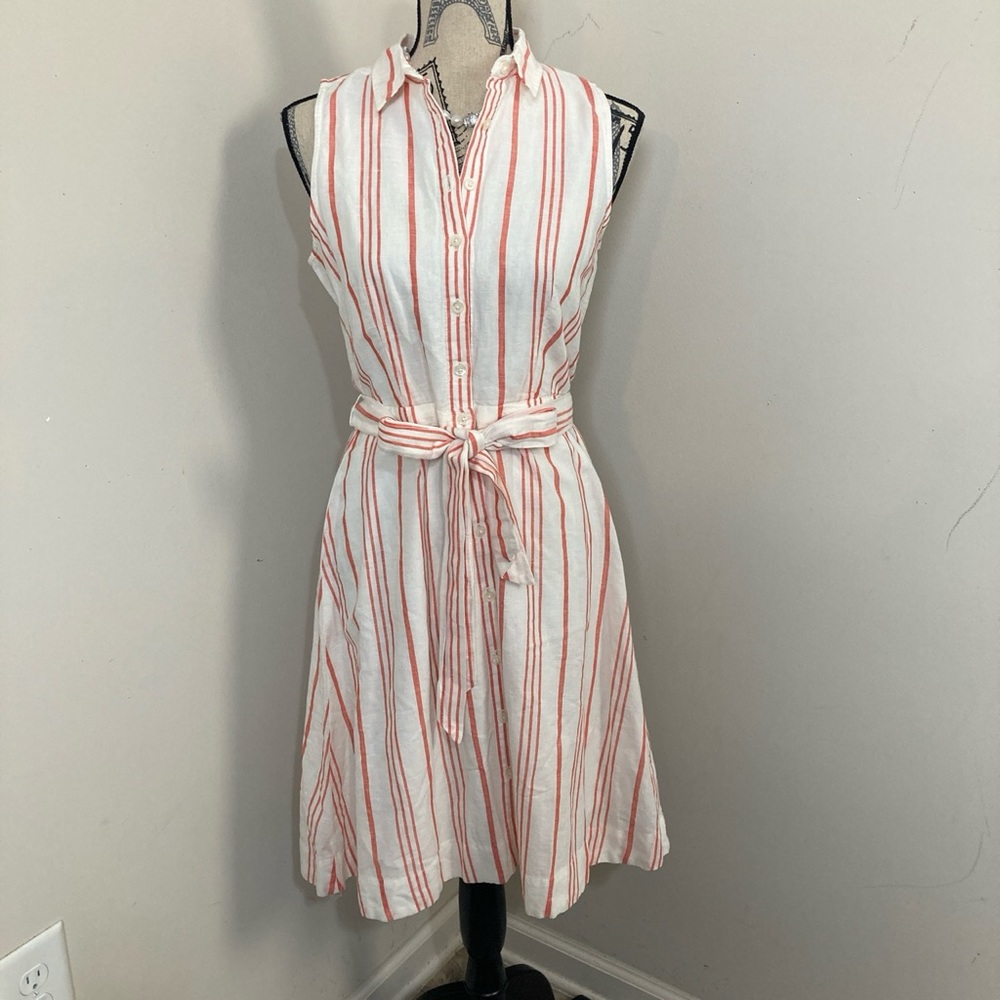 J.Crew Women’s Orange White Stripe Midi Sleeveless Dress Button Down Full Skirt
